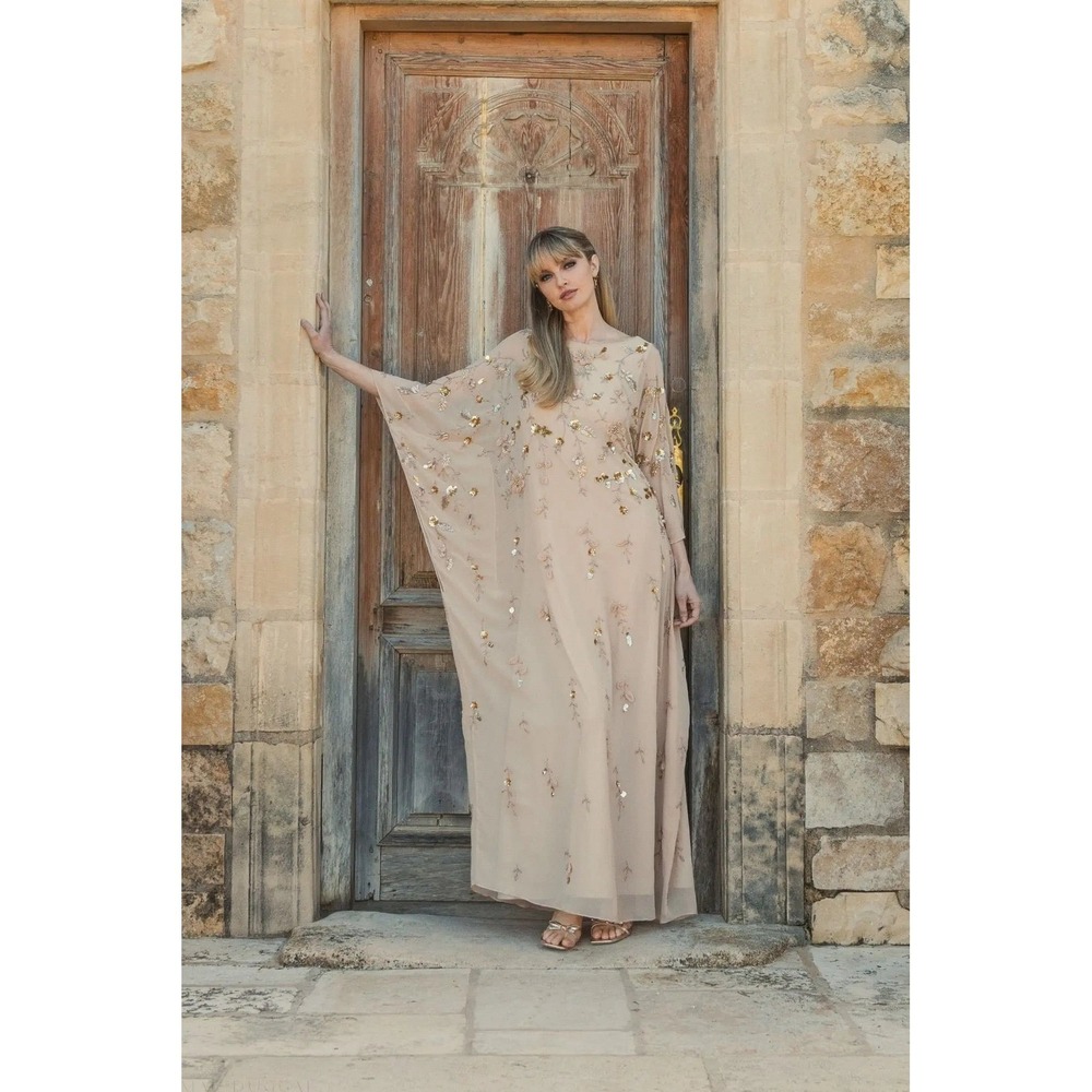 NWT Mac Duggal Floral Embellished Kaftan Gown in Nude Gold Size 12 Fairy Boho - Picture 2 of 16